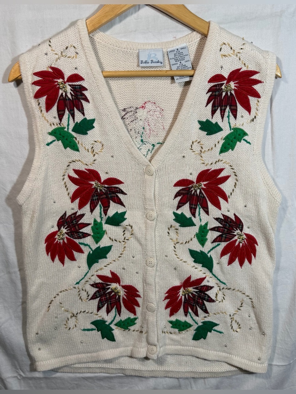 Bobbie Brooks Ugly Christmas Holiday Sweater Vest Poinsettia Beaded Ivory Small